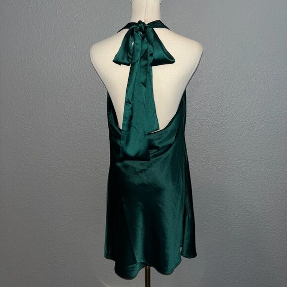 CANTON WALKER Emerald Green Satin Halter Backless Back Bow Mini Slip Dress - M - Picture 3 of 10